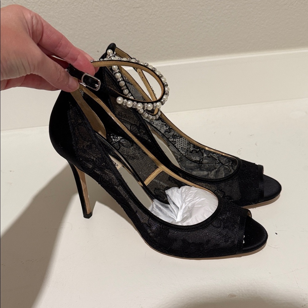 Badgley Mischka Black Lace Heels with Pearl Detail